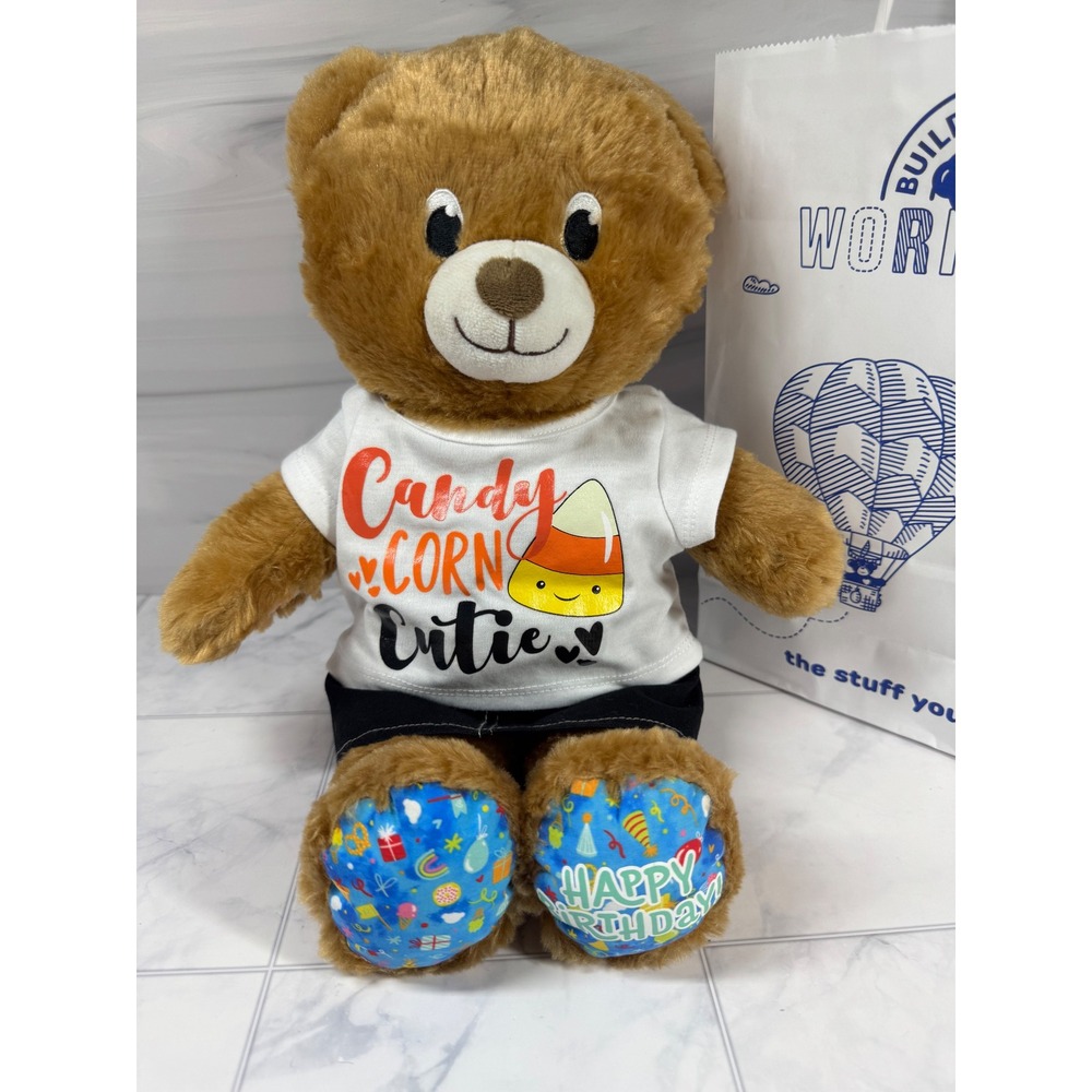 Build A Bear Happy Birthday Brown Teddy Bear Candy Corn Cutie Shirt Denim Skirt